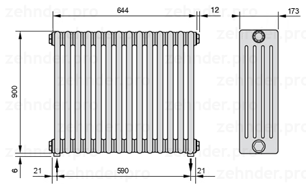 Схема (чертеж) Радиатор Zehnder Charleston 5090/14 №3570 Белый глянцевый RAL 9016